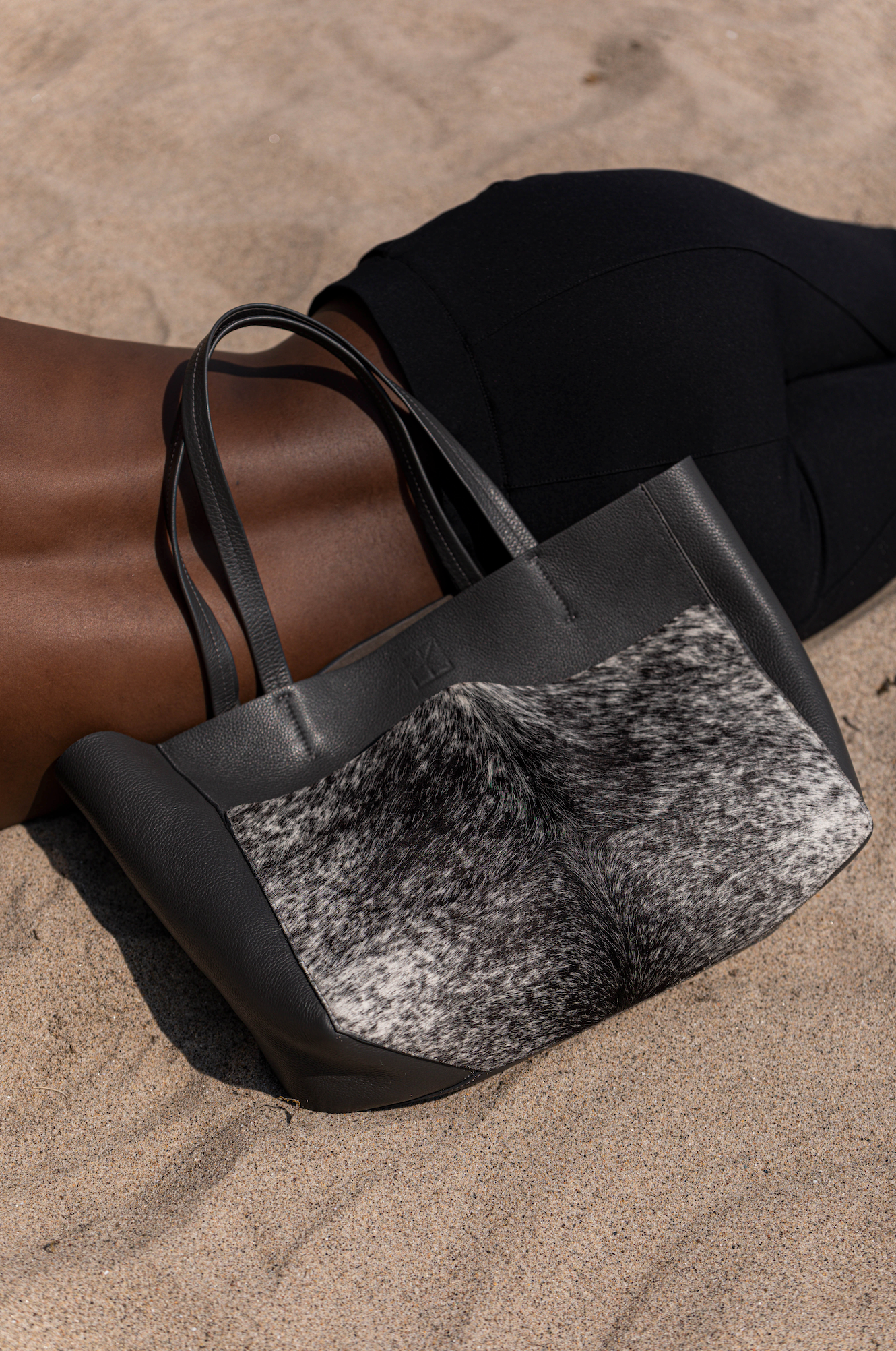 Leather Tote Bag with Calf Hair Pocket