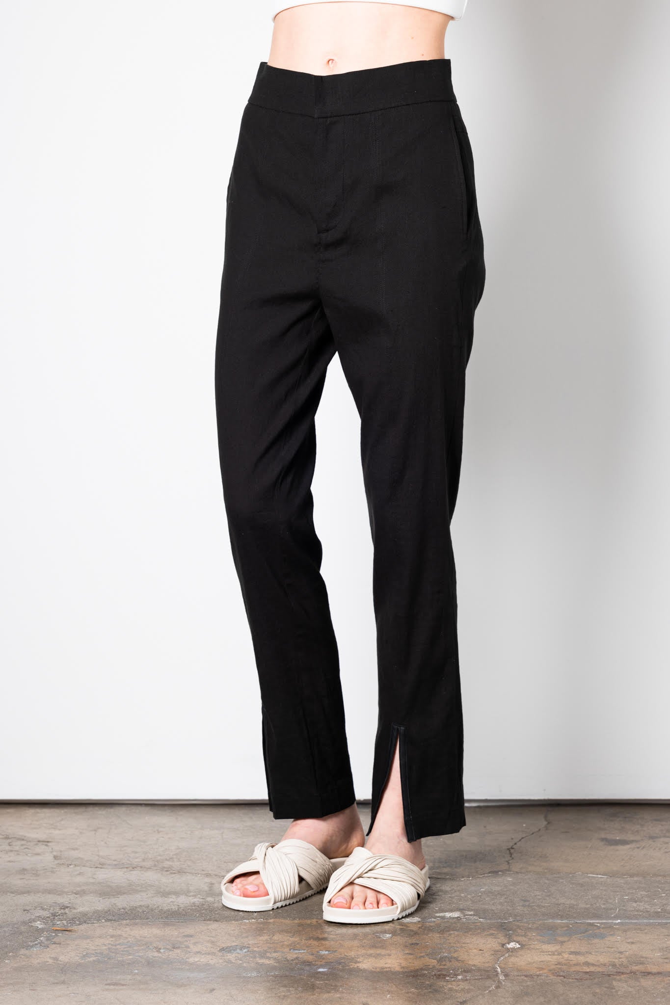 Stretch Linen Slim Pants with Leather Trim - WESLEE Pant STYLEM Black P