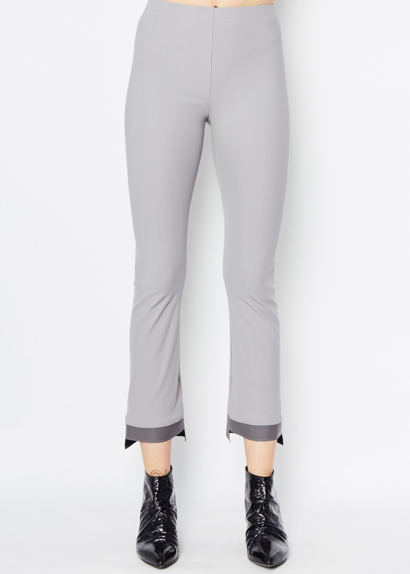 Tech Stretch Vegan Leather Step Hem Cropped Flare Leggings - OLGA Pant STYLEM Mica Gray P