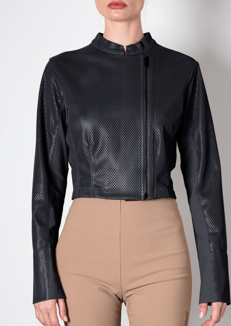 Vegan Perforated Leather Zip Jacket Tech Stretch - VINCENT Coat STYLEM Midnight P 