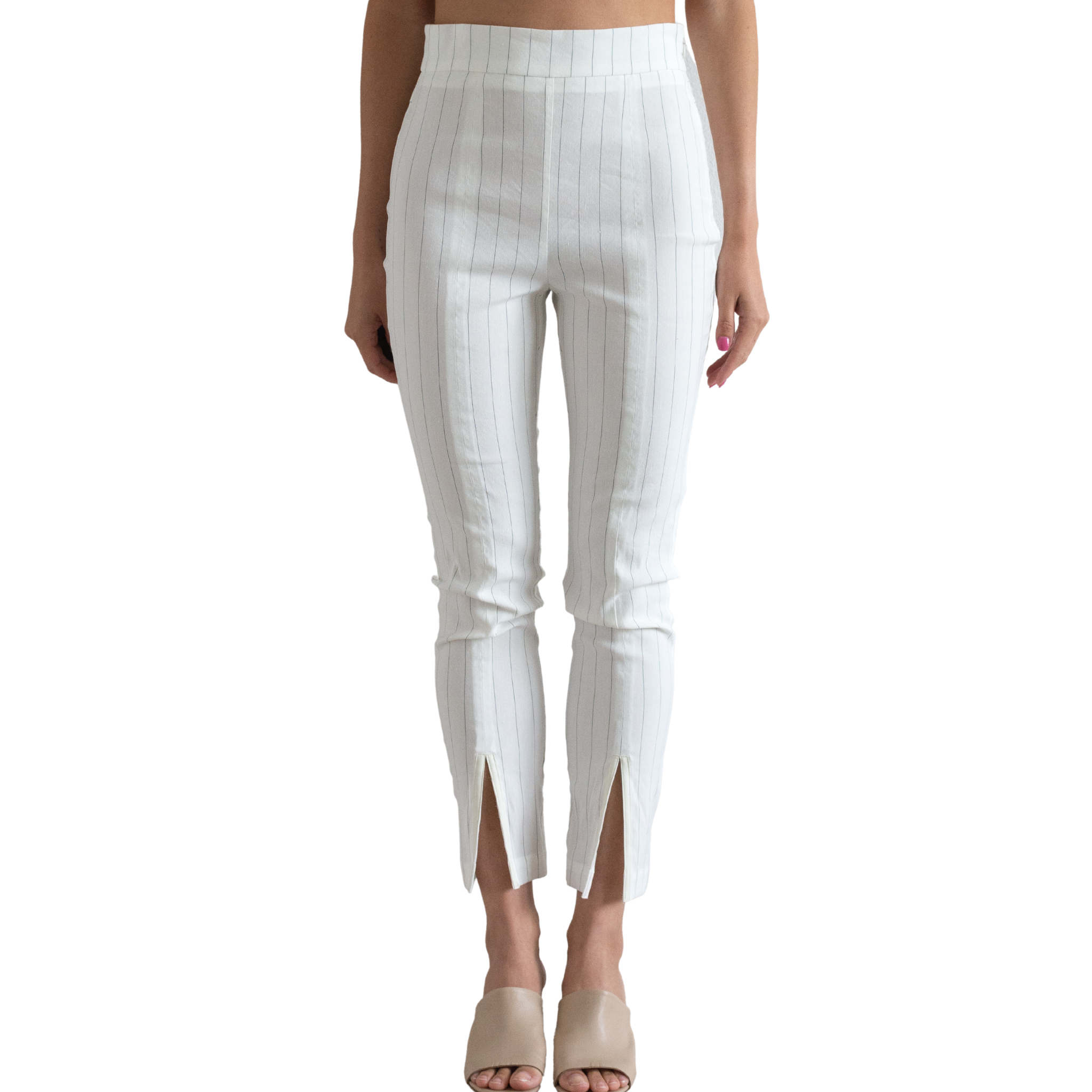 Stretch Linen Slim Pant with Leather Trim - SEVAN Pant Elaine Kim White Stripe P