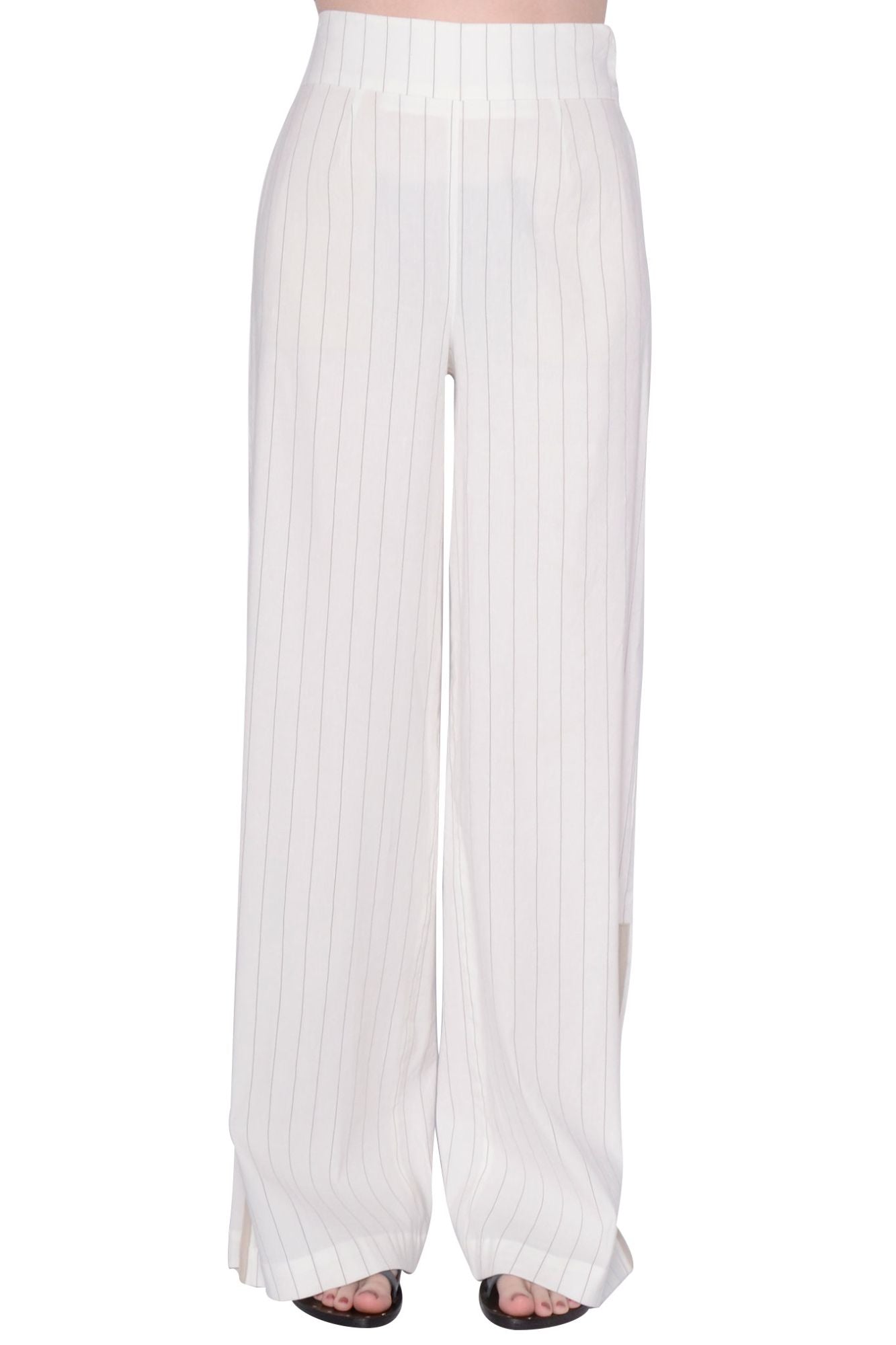 Stretch Linen Wide Pant with Leather Trim - SWINTON Pant Elaine Kim