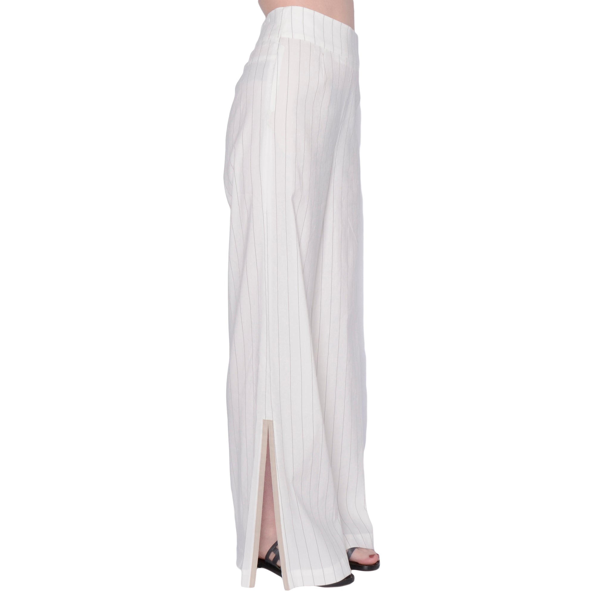 Stretch Linen Wide Pant with Leather Trim - SWINTON Pant Elaine Kim