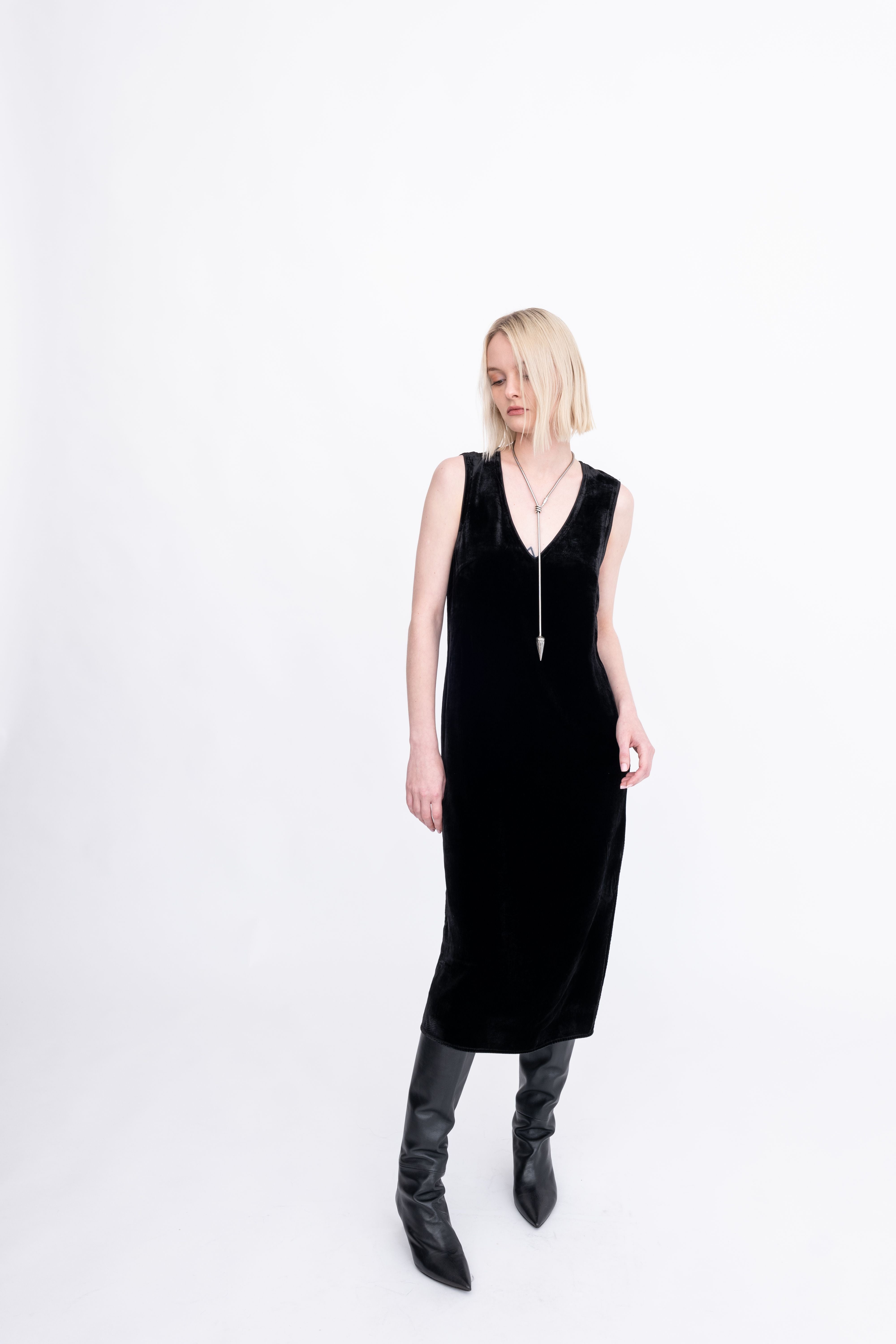 Silk Velvet V-Neck Sleeveless Midi Dress - ATHENA Dress GENERAL ORIENT