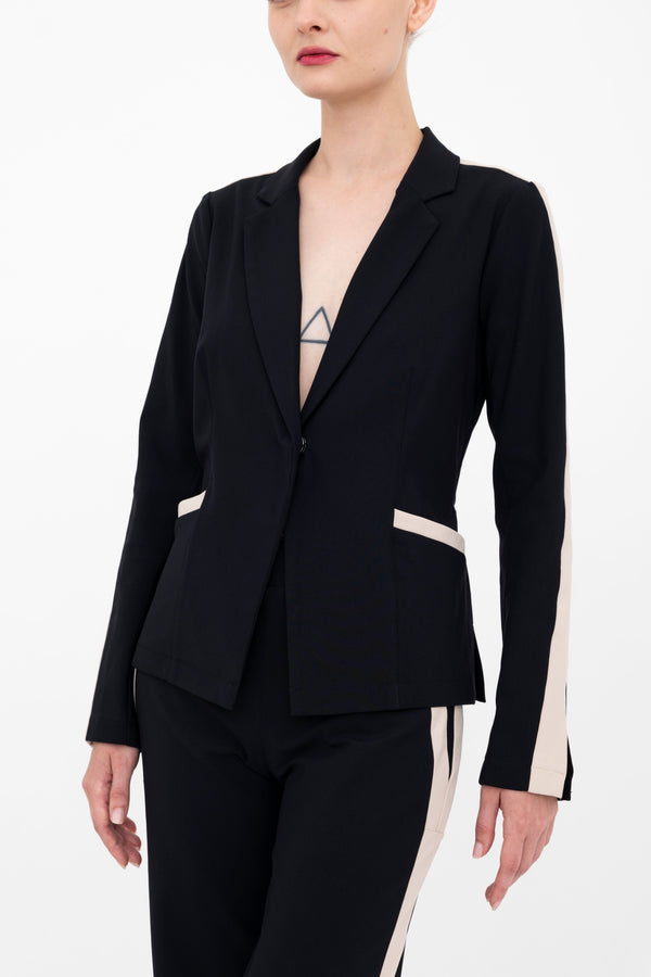 Tech Stretch Short Notched Collar Blazer with Contrast Stripe - BEXLEY Jacket GENERAL ORIENT Black/Nude P