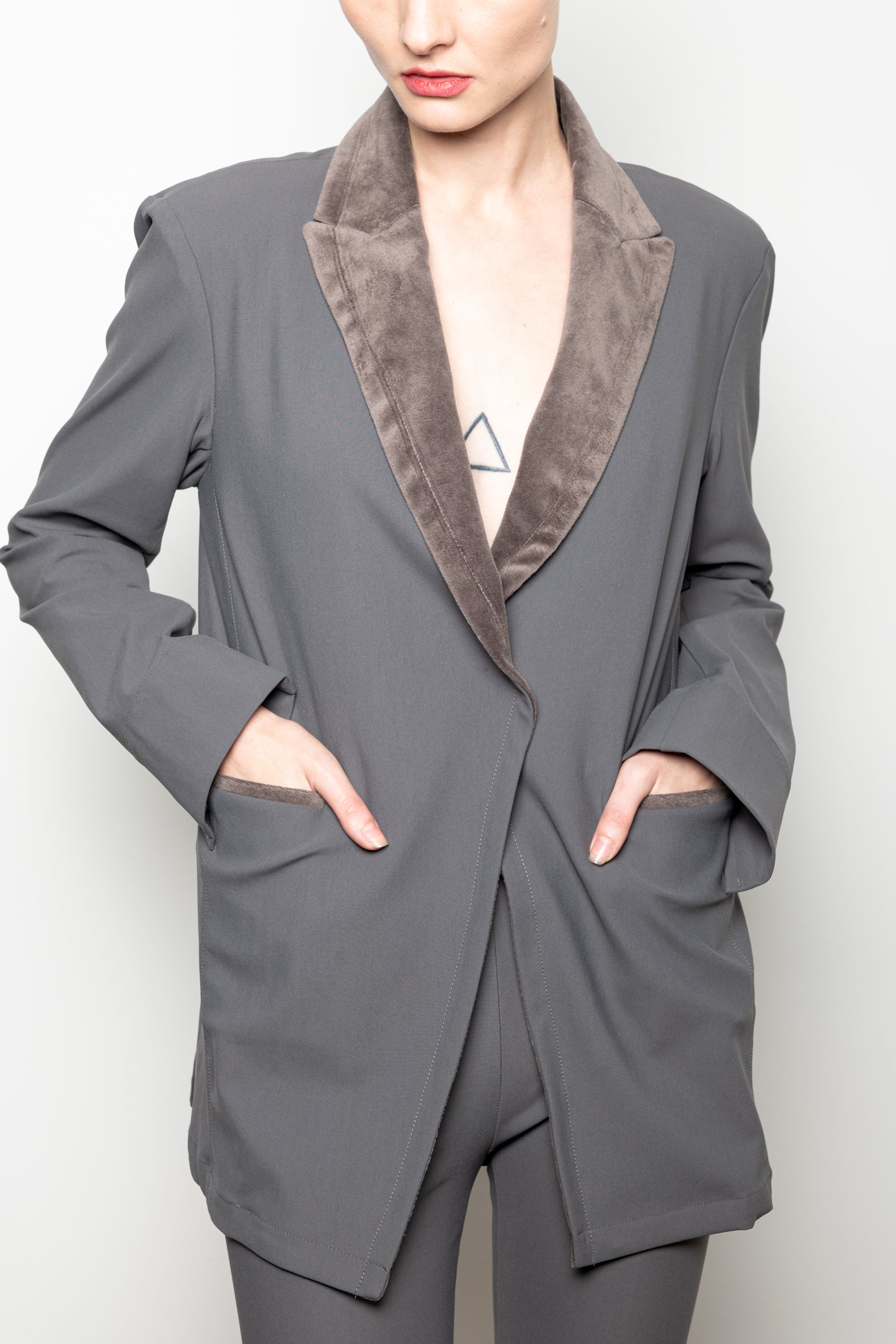 Tech Stretch Oversized Blazer with Velvet Trim - VALLEJO Jacket STYLEM Pewter P