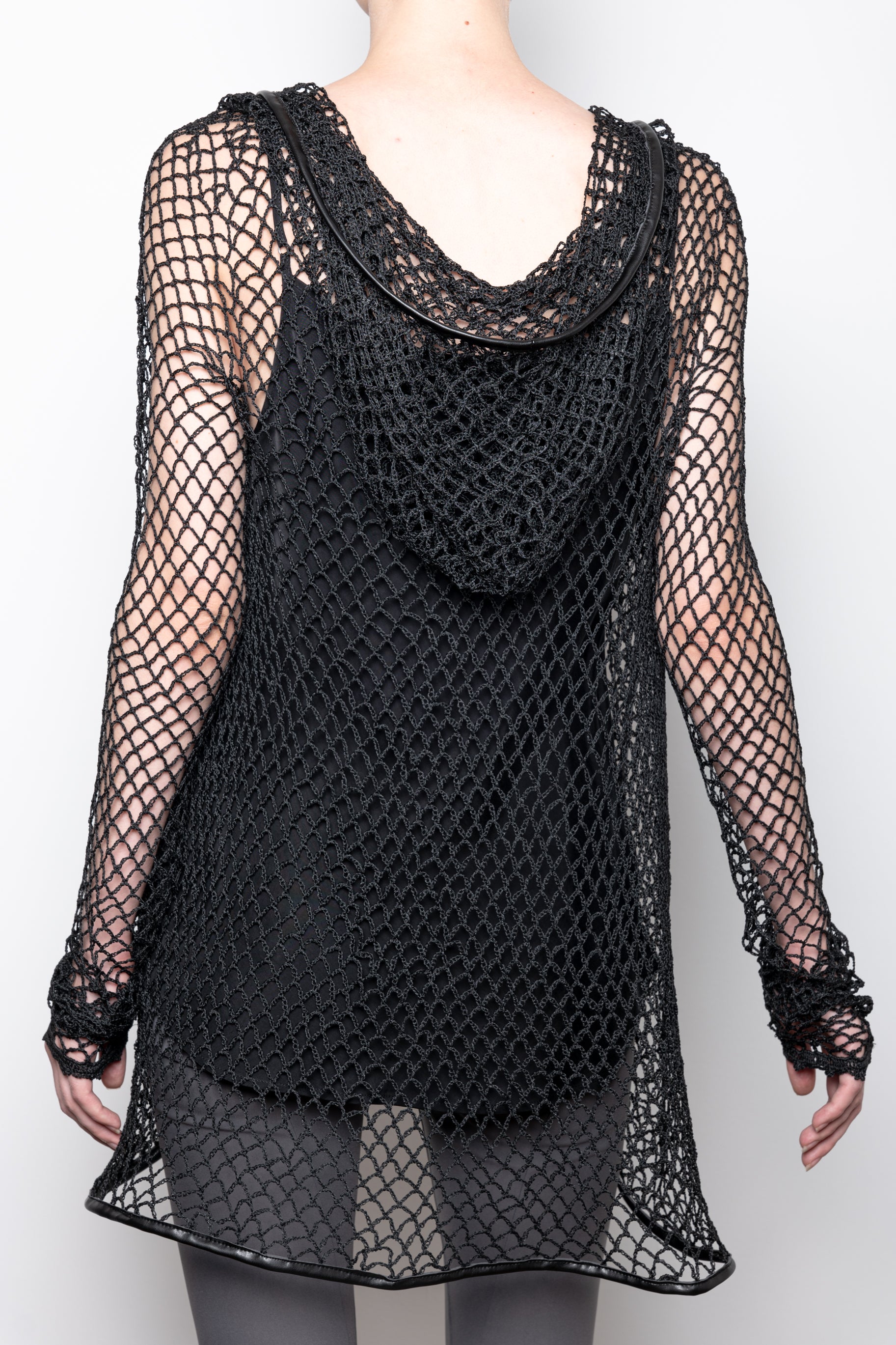 Hand Crochet Hooded Cardigan with Leather Trim - VIVION Sweater STYLEM   