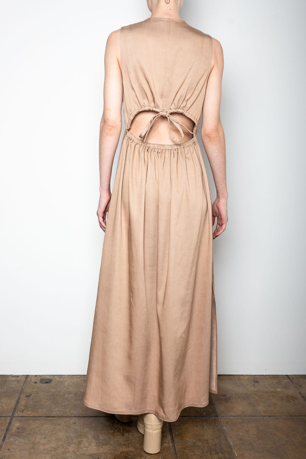 Eco Denim V Neck Long Dress with Cut Out Back - VALLEY Dress STYLEM   