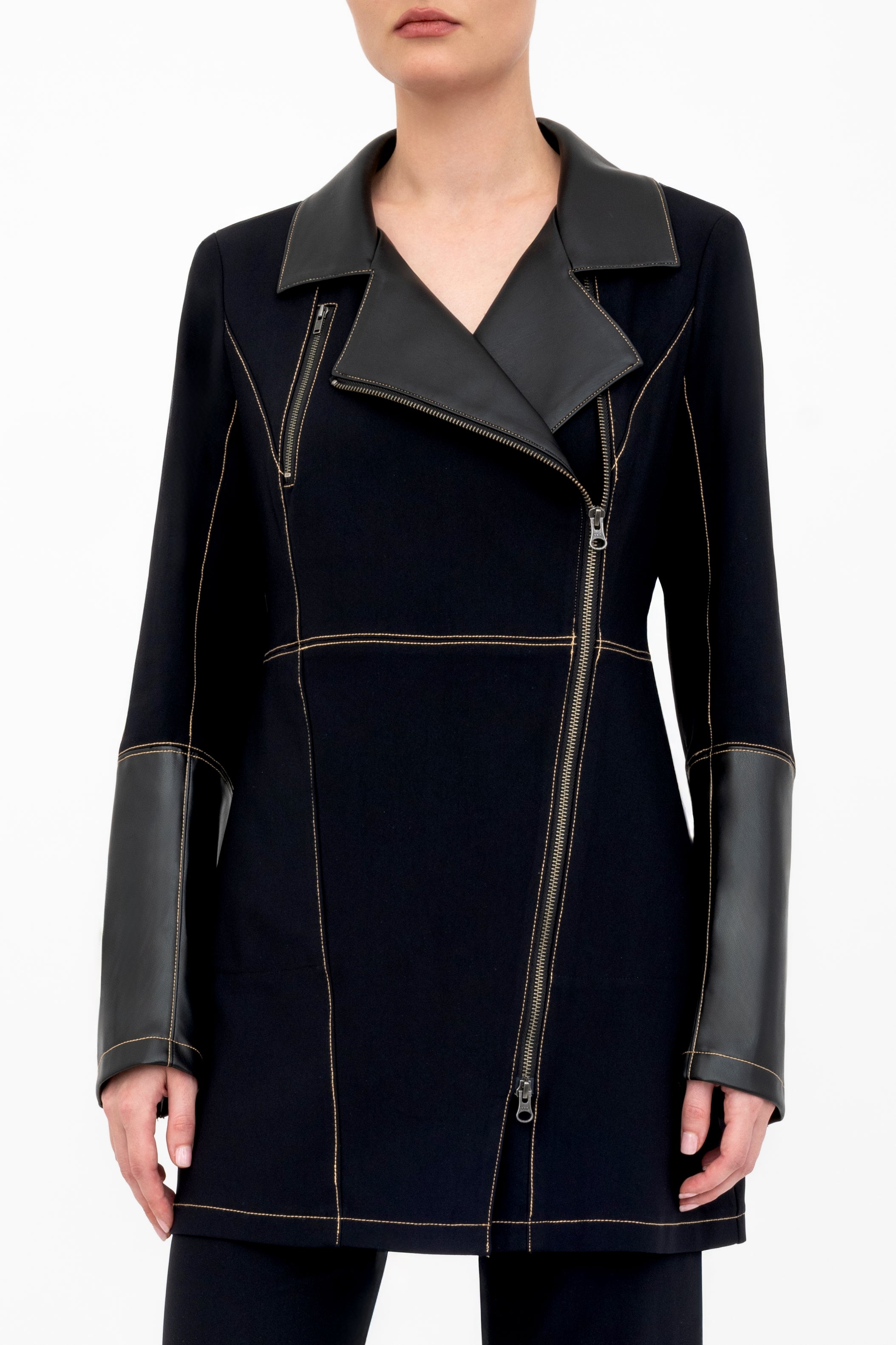 Tech Stretch Moto Coat with Vegan Leather & Contrast Stitching - ASANA