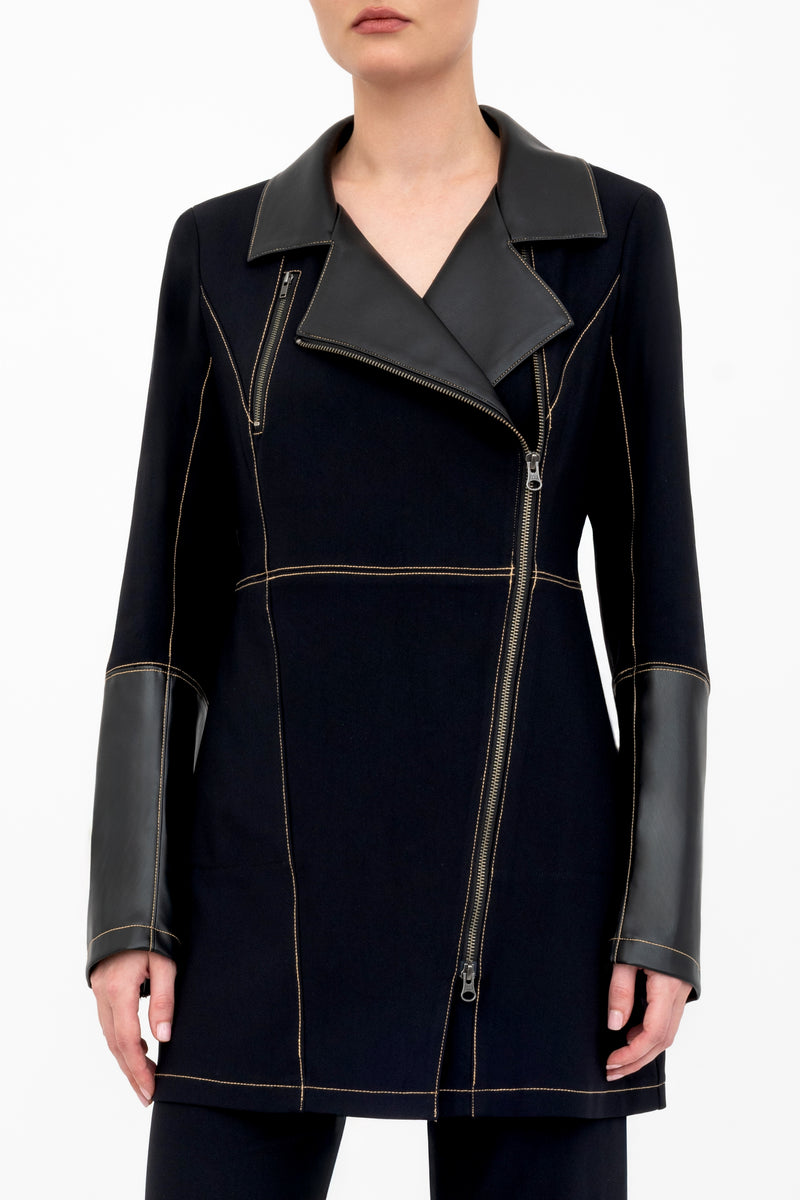 Black coat with leather accents on a white background