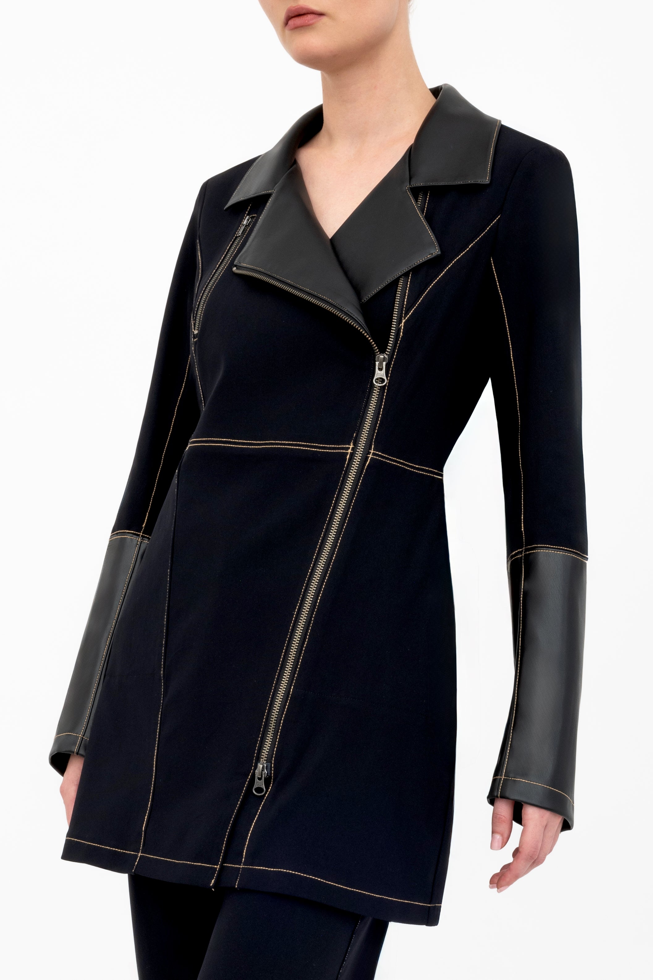 Tech Stretch Moto Coat with Vegan Leather & Contrast Stitching - ASANA Coat GENERAL ORIENT