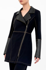 Black coat with leather accents on a white background