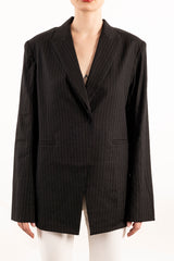 Stretch Pin Stripe Linen Blazer with Sheer Back - YOSEMITE Jacket STYLEM Black Stripe P 