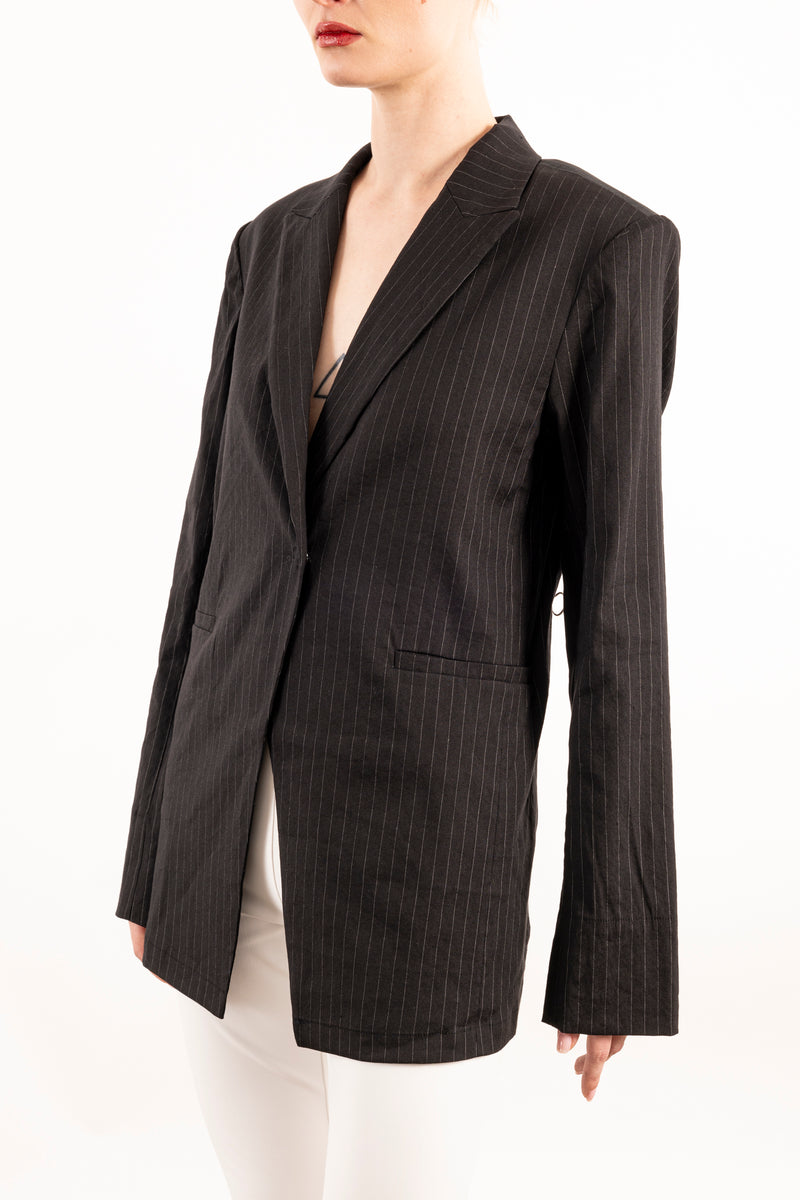 Stretch Pin Stripe Linen Blazer with Sheer Back - YOSEMITE Jacket STYLEM   