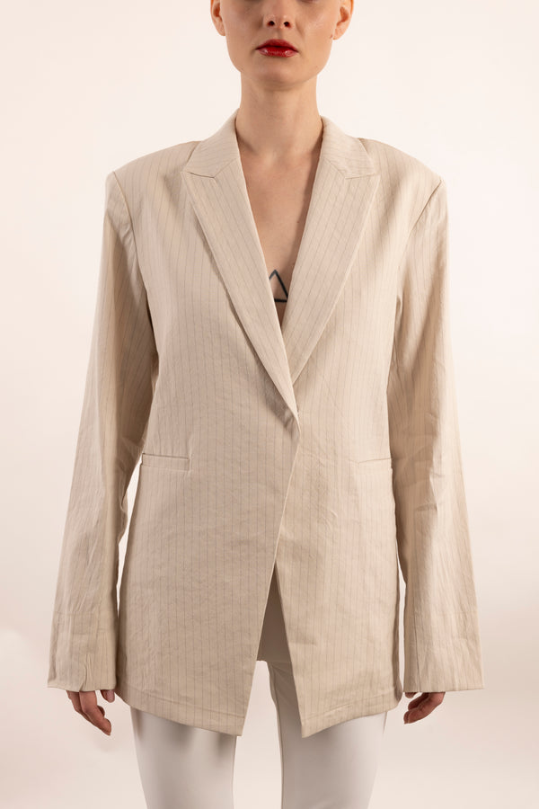 Stretch Pin Stripe Linen Blazer with Sheer Back - YOSEMITE Jacket STYLEM Ecru Stripe P 