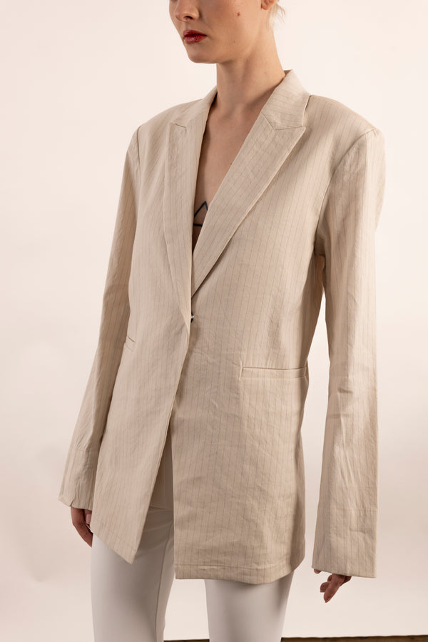 Stretch Pin Stripe Linen Blazer with Sheer Back - YOSEMITE Jacket STYLEM   