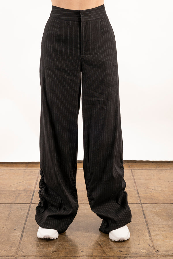 Stretch Pin Stripe Linen Wide Pants - YOSHI Pant STYLEM Black Stripe P 