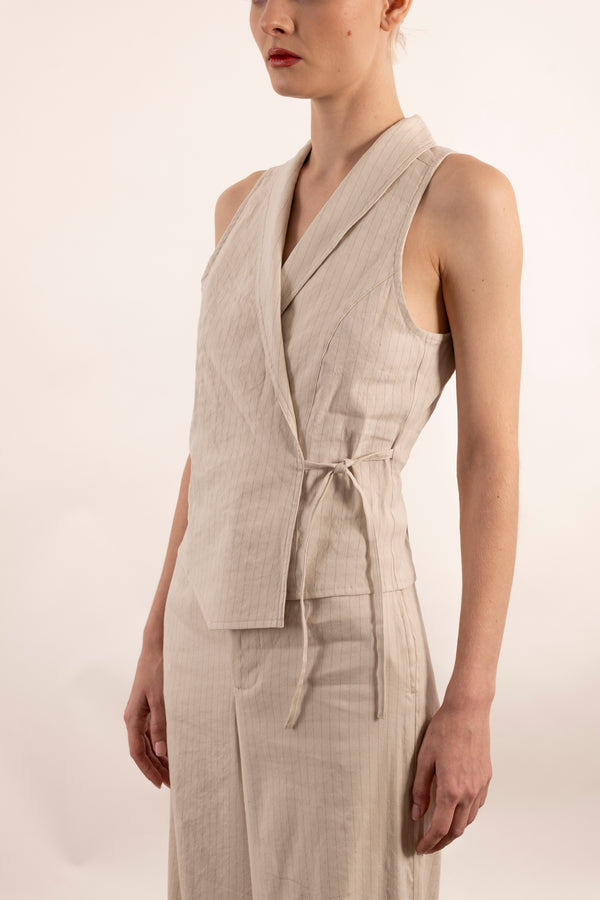 Stretch Pin Stripe Linen Shawl Collar Wrap Vest - YUKI Vest STYLEM   