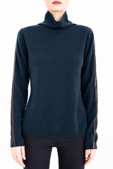 Cashmere Blend Funnel Neck Top with Leather Trim - CAMERON Sweater YUE FENG