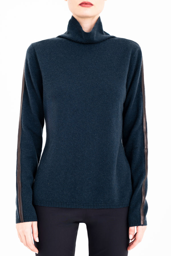 Cashmere Blend Funnel Neck Top with Leather Trim - CAMERON Sweater YUE FENG