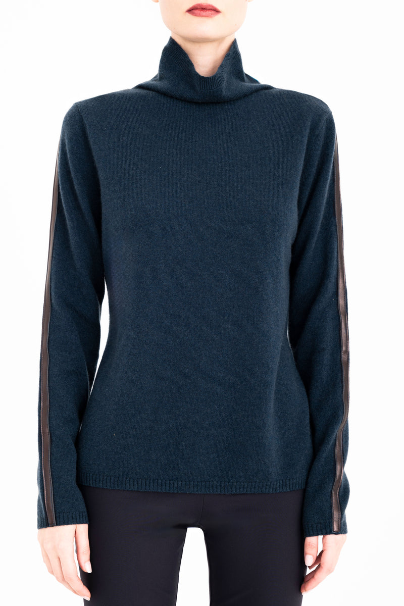 Cashmere Blend Funnel Neck Top with Leather Trim - CAMERON Sweater YUE FENG