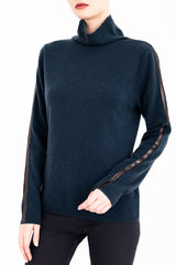 Cashmere Blend Funnel Neck Top with Leather Trim - CAMERON Sweater YUE FENG Abyss P