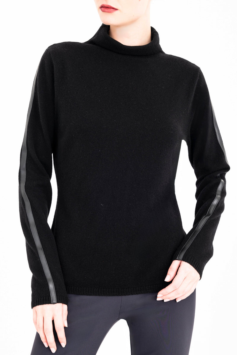 Cashmere Blend Funnel Neck Top with Leather Trim - CAMERON Sweater YUE FENG