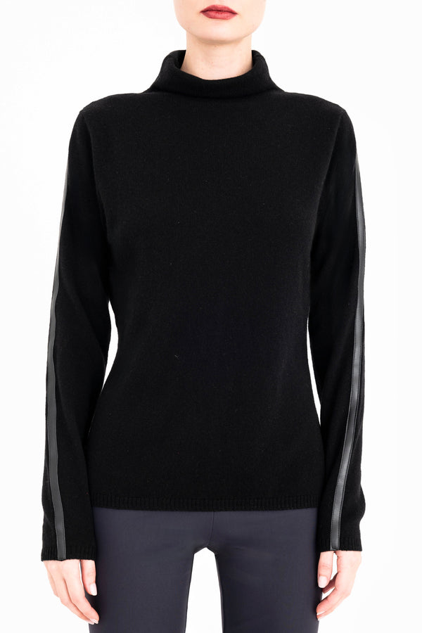 Cashmere Blend Funnel Neck Top with Vegan Leather Trim - CAMERON Sweater YUE FENG