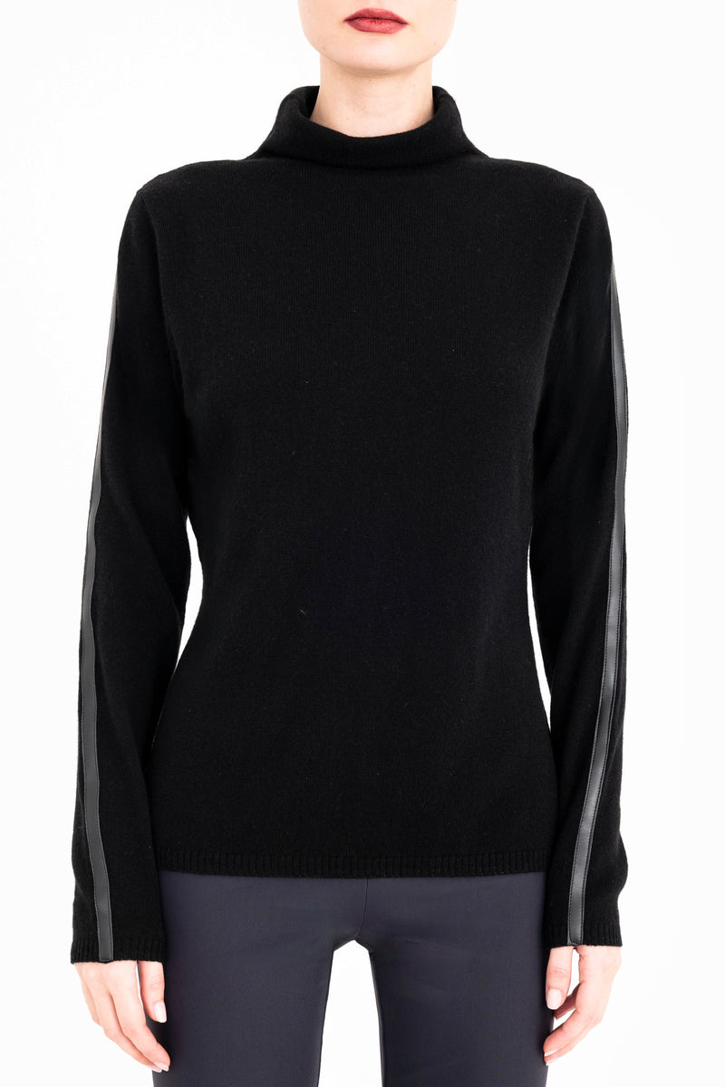 Cashmere Blend Funnel Neck Top with Leather Trim - CAMERON Sweater YUE FENG