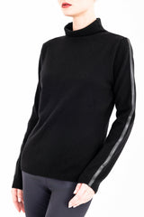 Cashmere Blend Funnel Neck Top with Leather Trim - CAMERON Sweater YUE FENG Black P