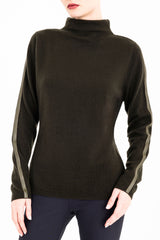 Cashmere Blend Funnel Neck Top with Leather Trim - CAMERON Sweater YUE FENG Kelp Sweater P