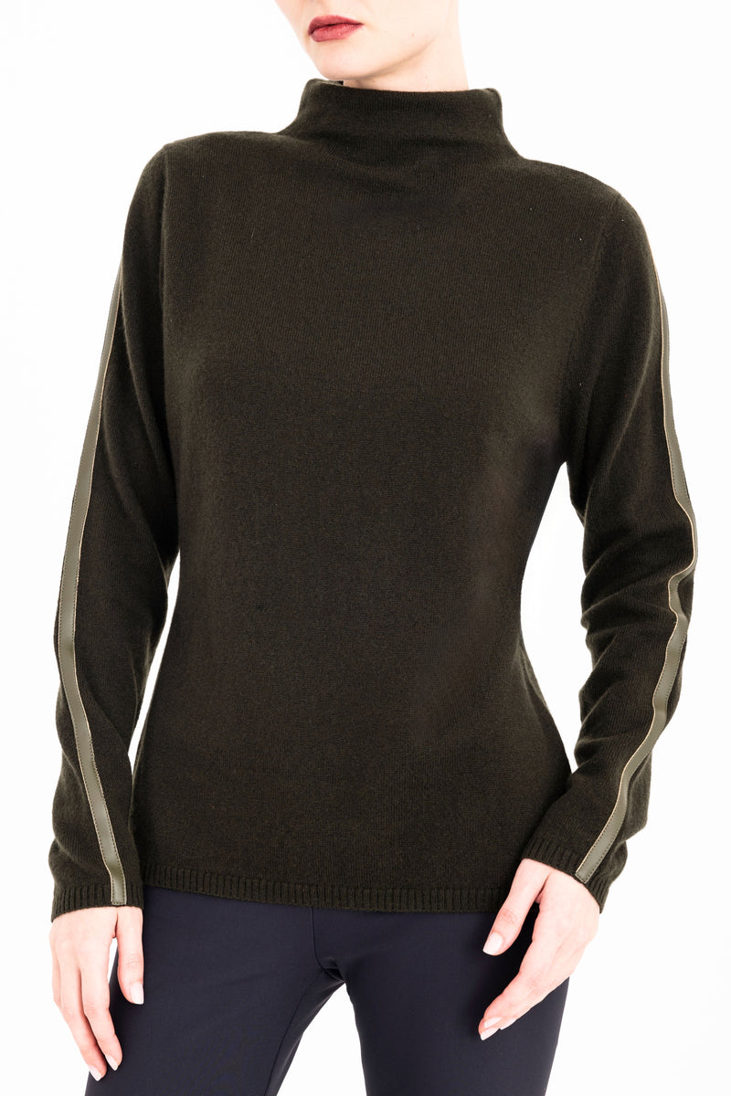 Cashmere Blend Funnel Neck Top with Leather Trim - CAMERON Sweater YUE FENG Kelp Sweater P