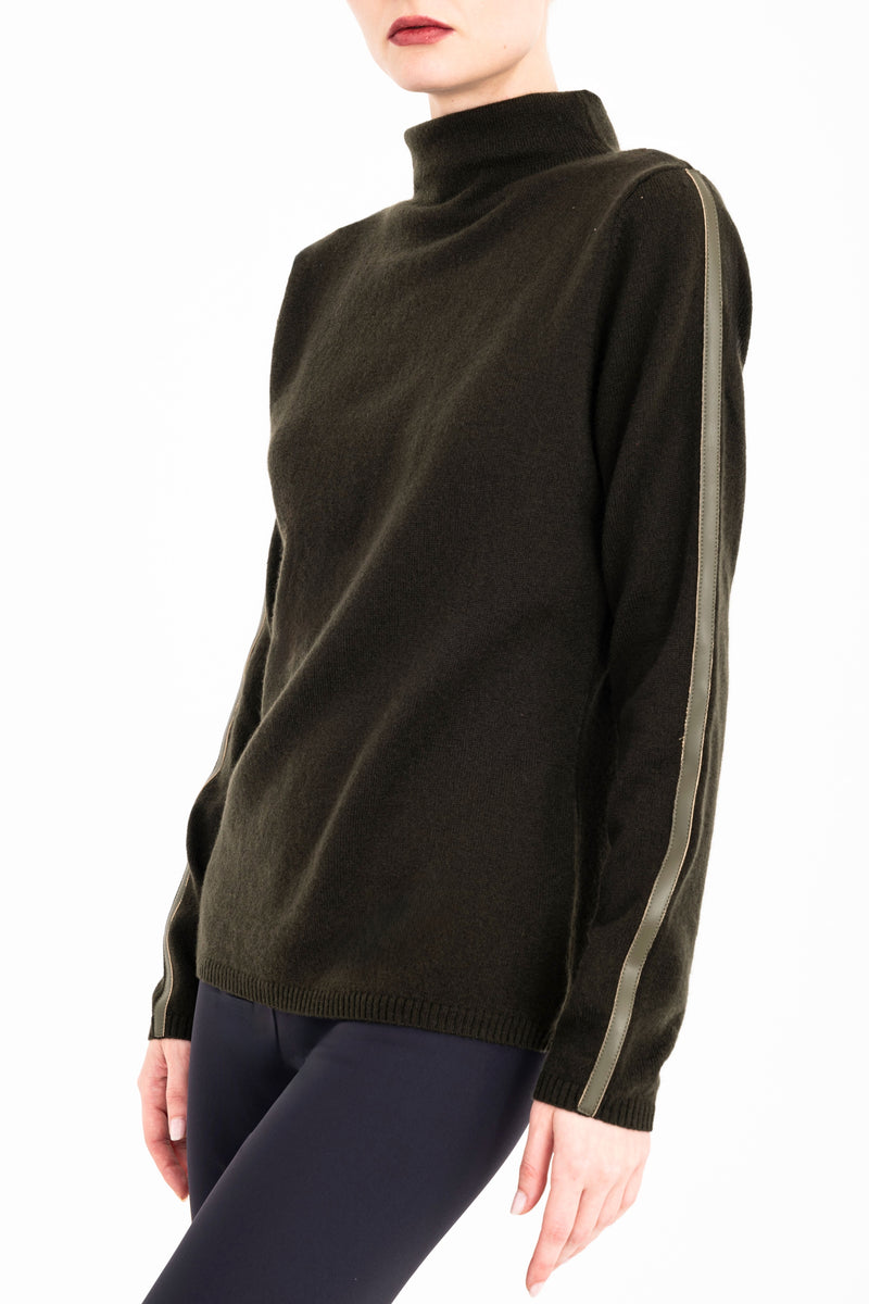 Cashmere Blend Funnel Neck Top with Leather Trim - CAMERON Sweater YUE FENG