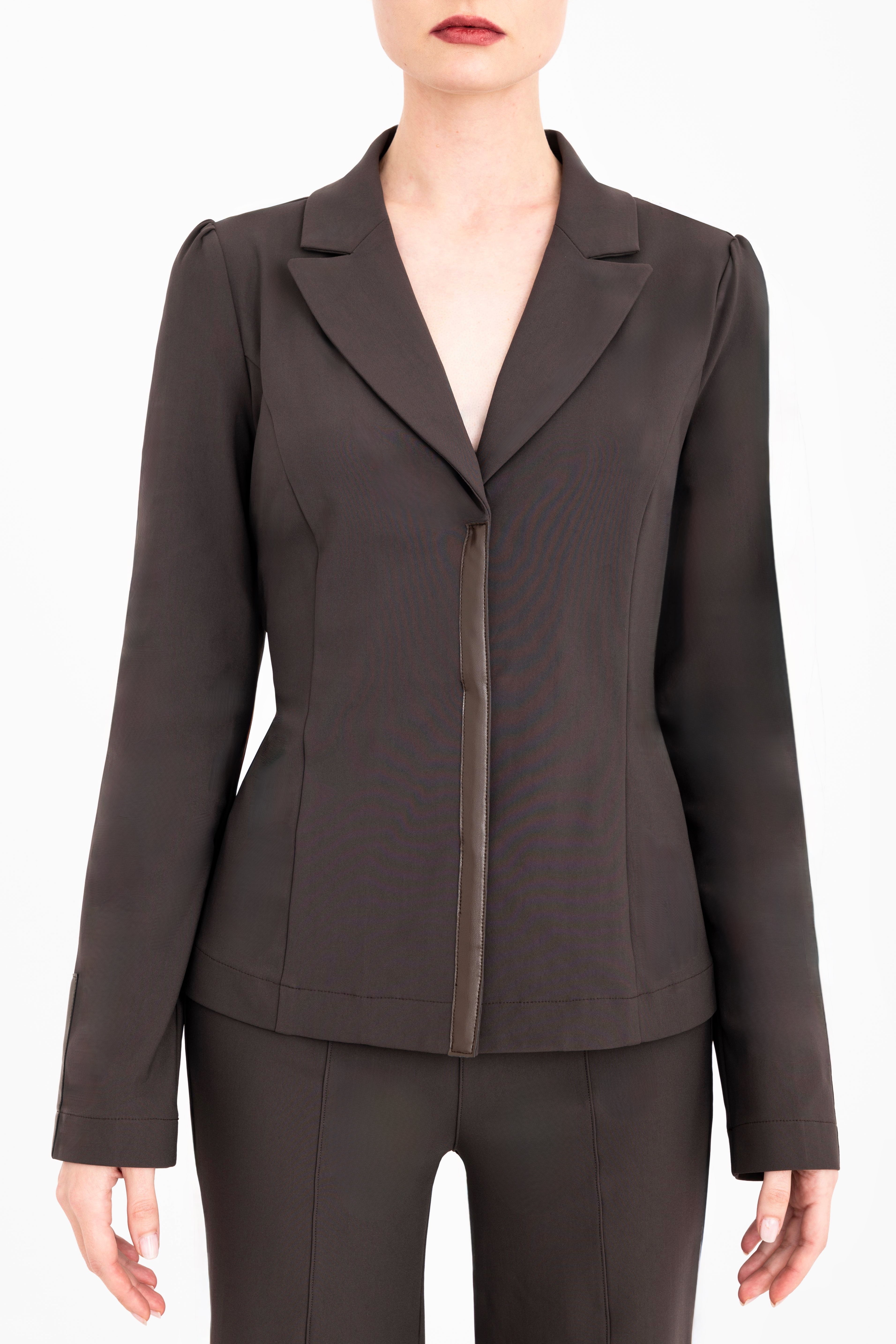 Tech Stretch Puff Sleeve Blazer with Vegan Leather Trim - CARLYLE Jacket GENERAL ORIENT