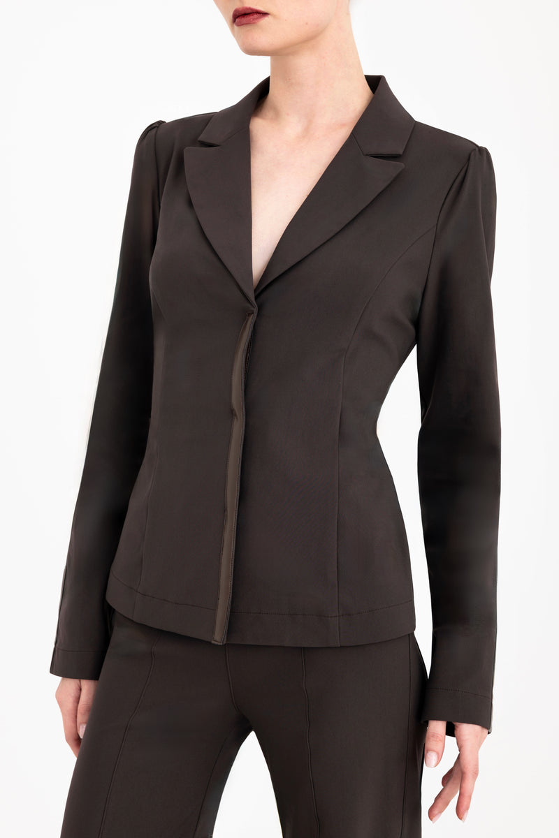 Tech Stretch Puff Sleeve Blazer with Vegan Leather Trim - CARLYLE Jacket GENERAL ORIENT Cocoa P