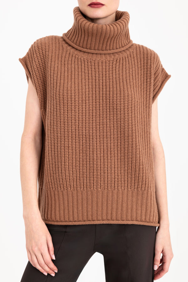Cashmere Blend Turtle Neck Vest with Side Zip - CARMEL Sweater YUE FENG