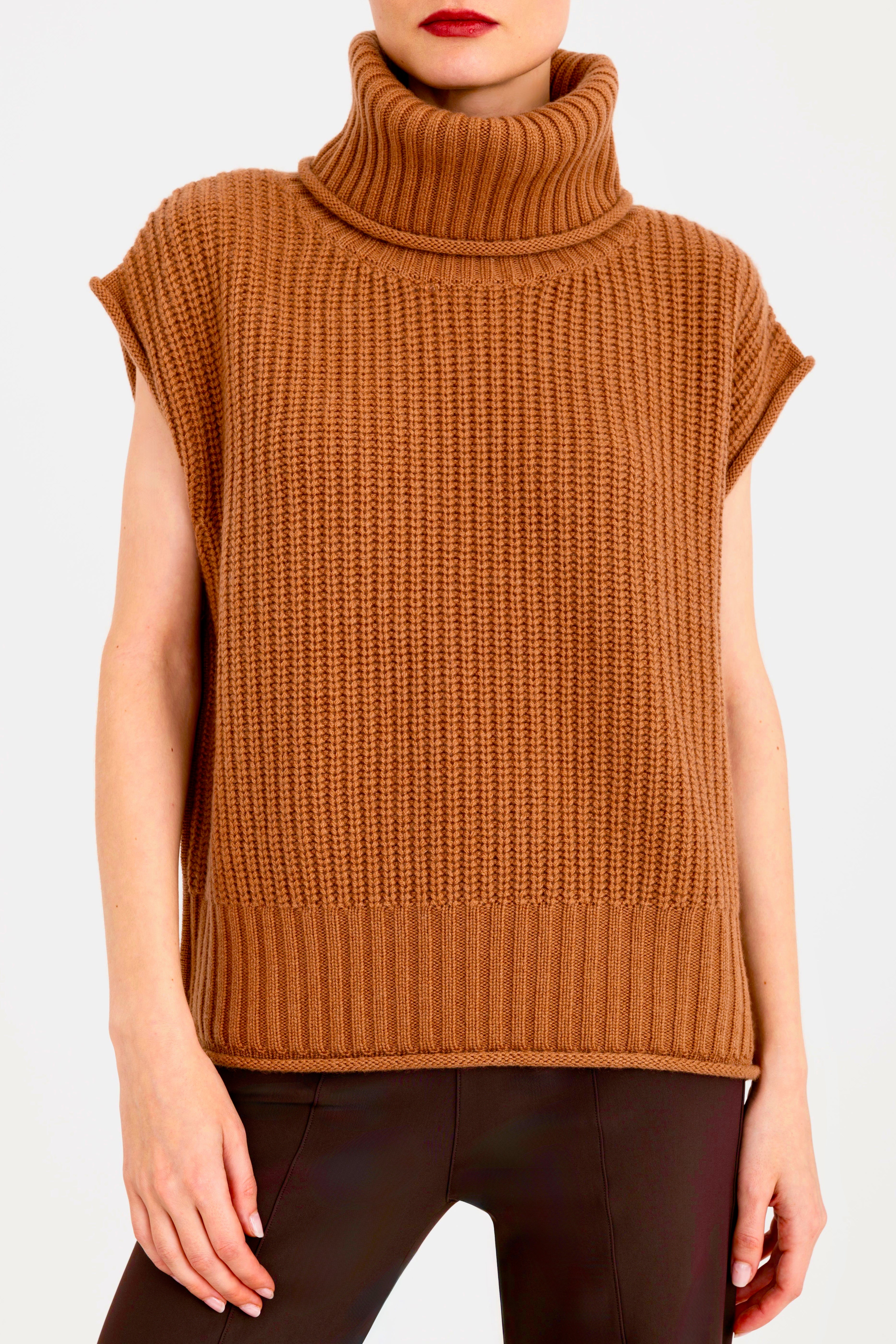 Cashmere Blend Turtle Neck Vest with Side Zip - CARMEL Sweater YUE FENG