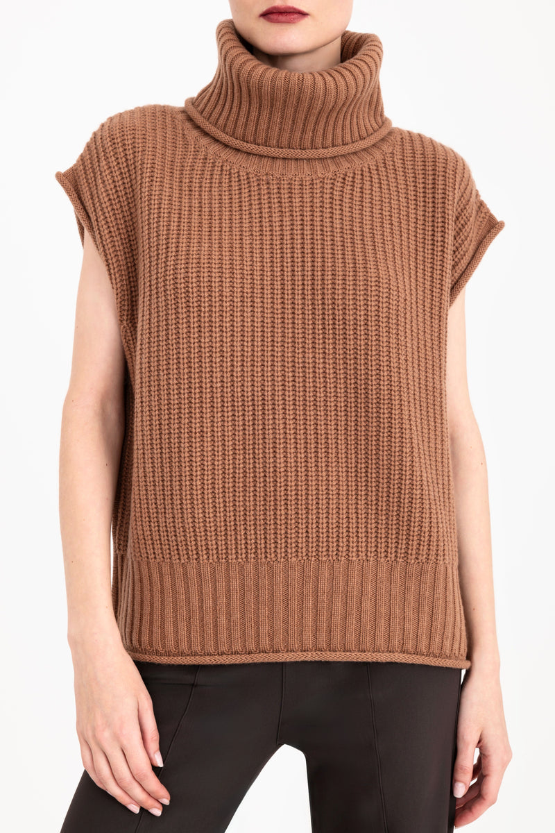 Cashmere Blend Turtle Neck Vest with Side Zip - CARMEL Sweater YUE FENG