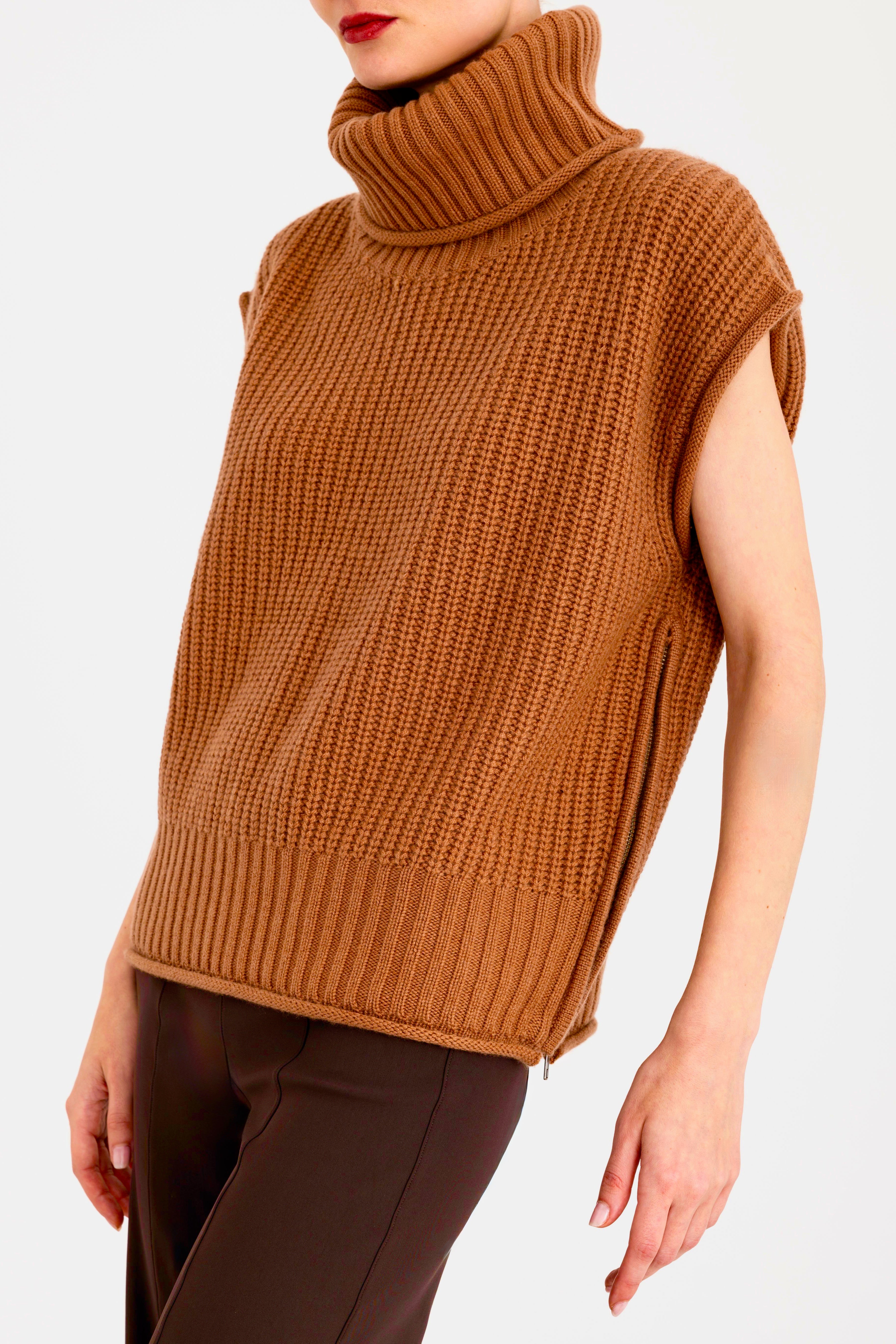 Cashmere Blend Turtle Neck Vest with Side Zip - CARMEL