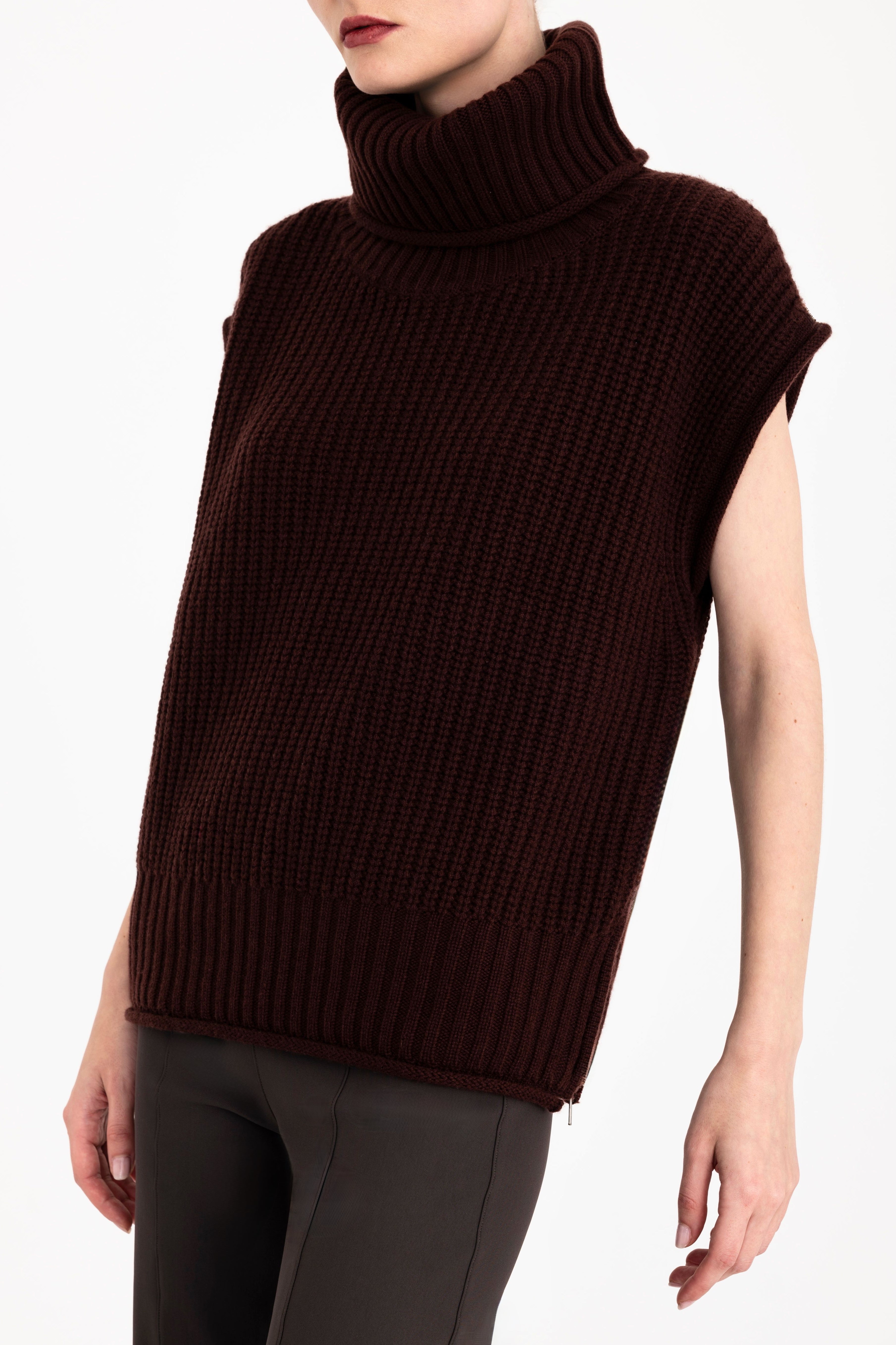 Cashmere Blend Turtle Neck Vest with Side Zip - CARMEL Sweater YUE FENG Merlot Sweater P