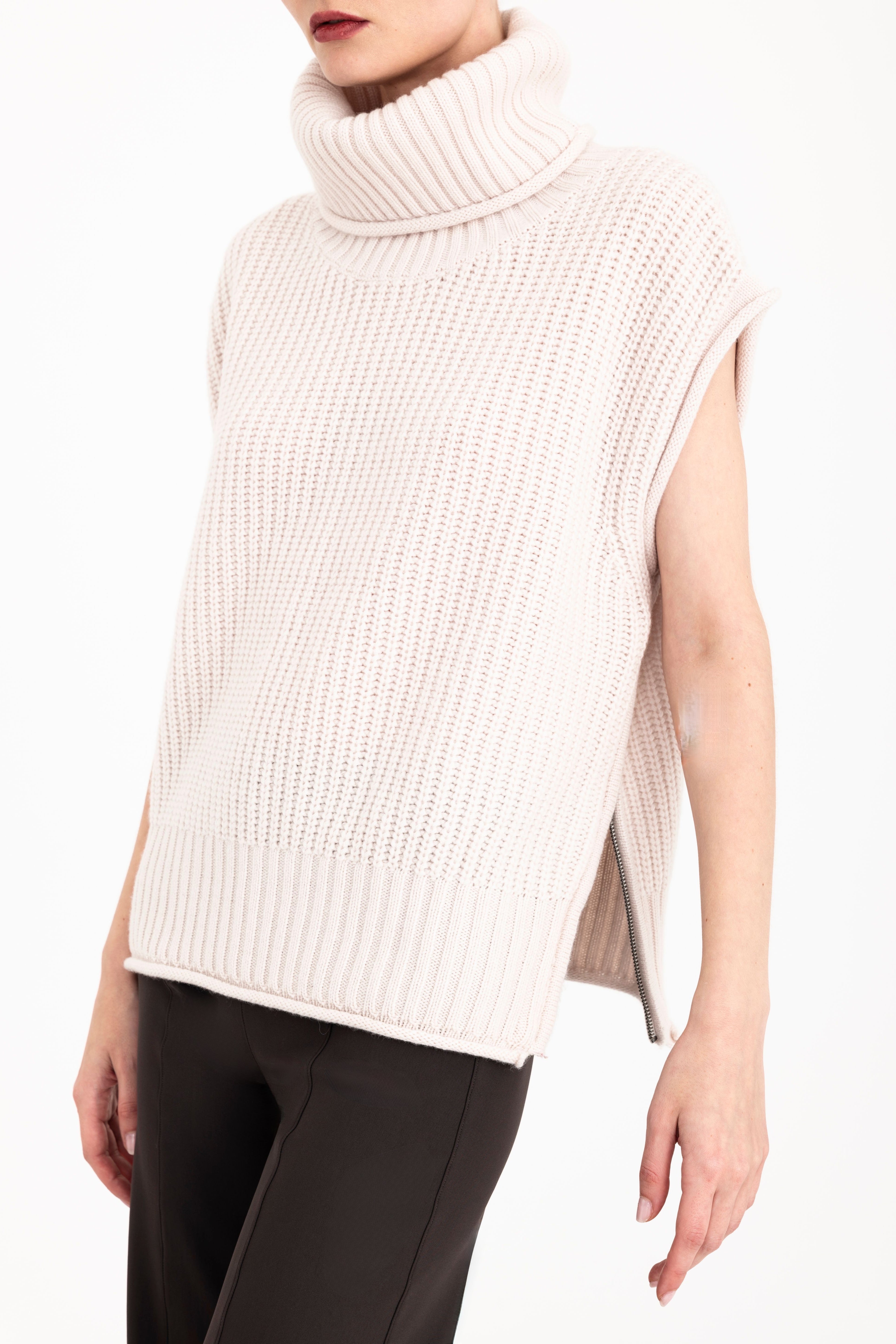Cashmere Blend Turtle Neck Vest with Side Zip - CARMEL Sweater YUE FENG Oyster Sweater P