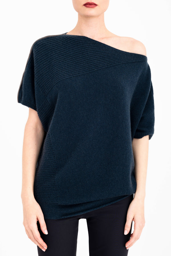 Cashmere Blend Asymmetrical Shell Top with Leather Trim - CARRARA Sweater YUE FENG