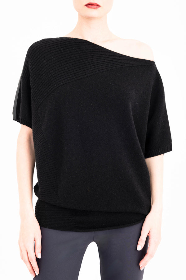 Cashmere Blend Asymmetrical Shell Top with Leather Trim - CARRARA Sweater YUE FENG