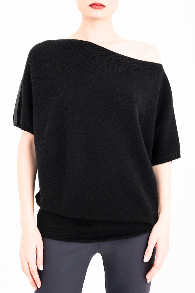 Cashmere Blend Asymmetrical Shell Top with Leather Trim - CARRARA Sweater YUE FENG