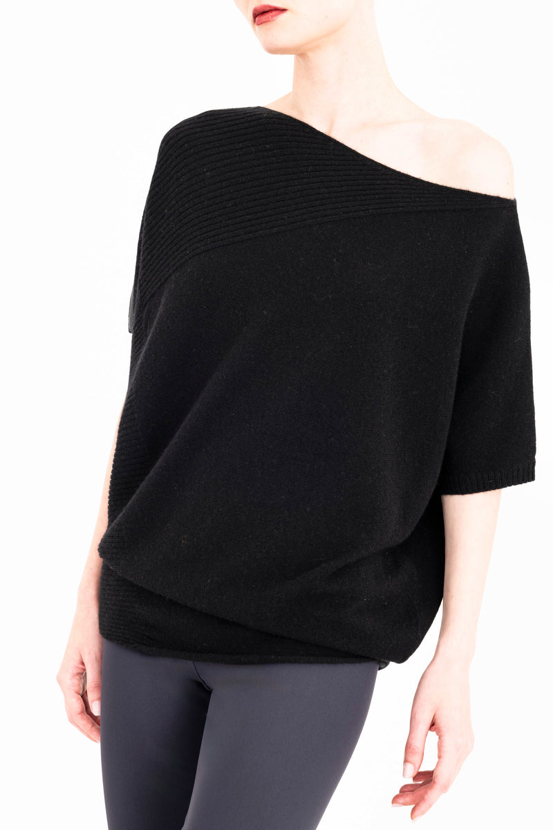Cashmere Blend Asymmetrical Shell Top with Leather Trim - CARRARA Sweater YUE FENG Black P