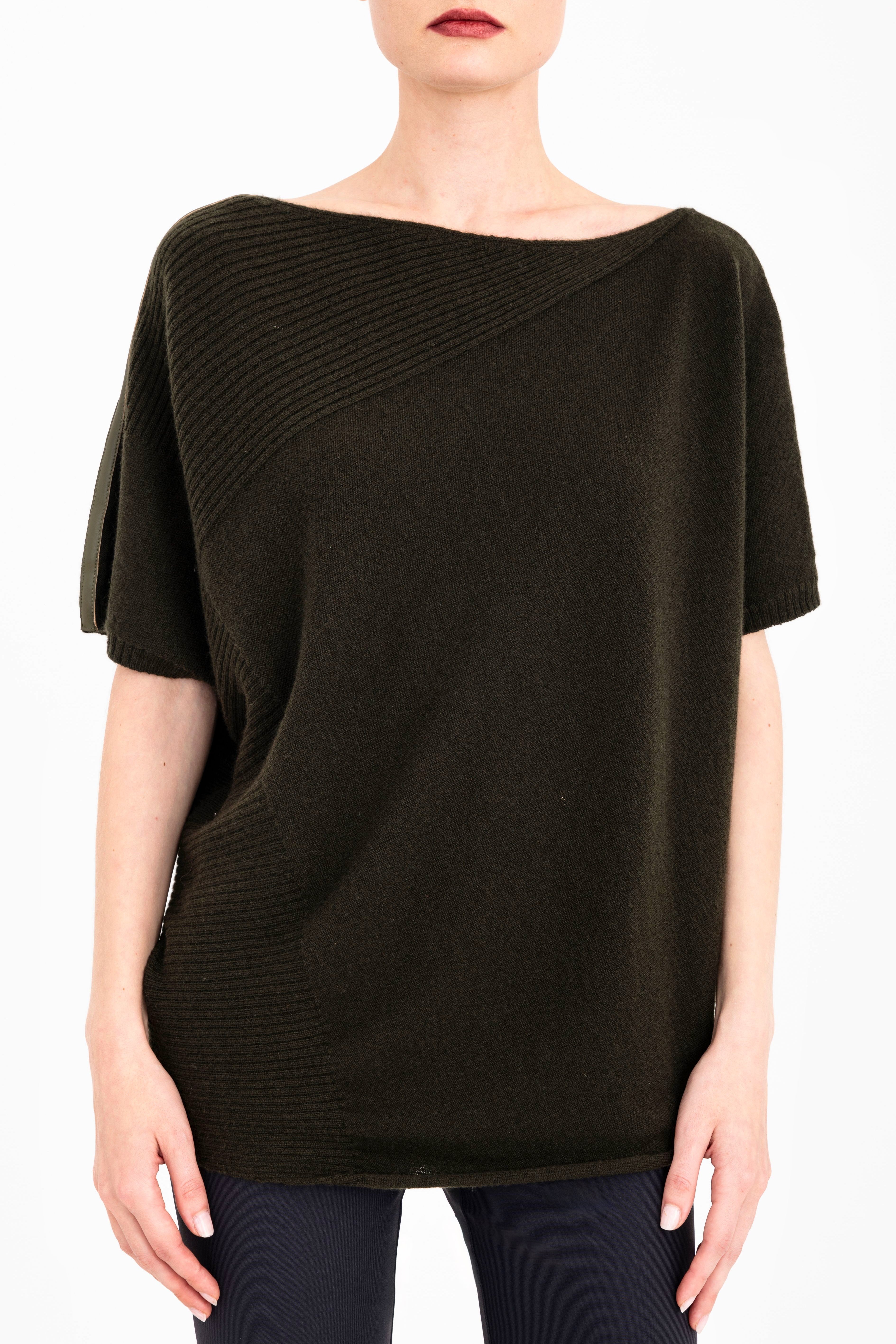 Cashmere Blend Asymmetrical Shell Top with Vegan Leather Trim - CARRARA Sweater YUE FENG