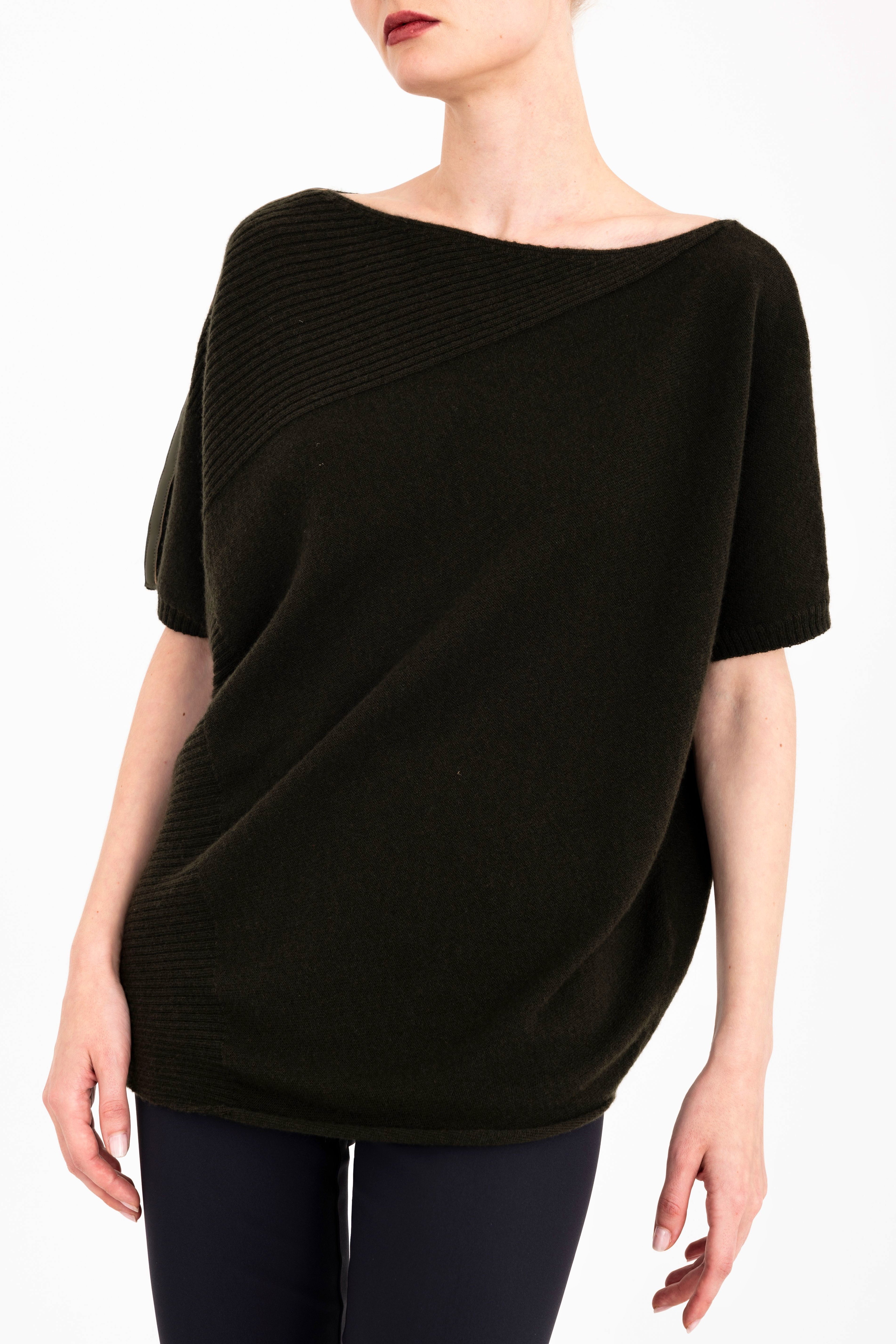 Cashmere Blend Asymmetrical Shell Top with Vegan Leather Trim - CARRARA Sweater YUE FENG Kelp Sweater P