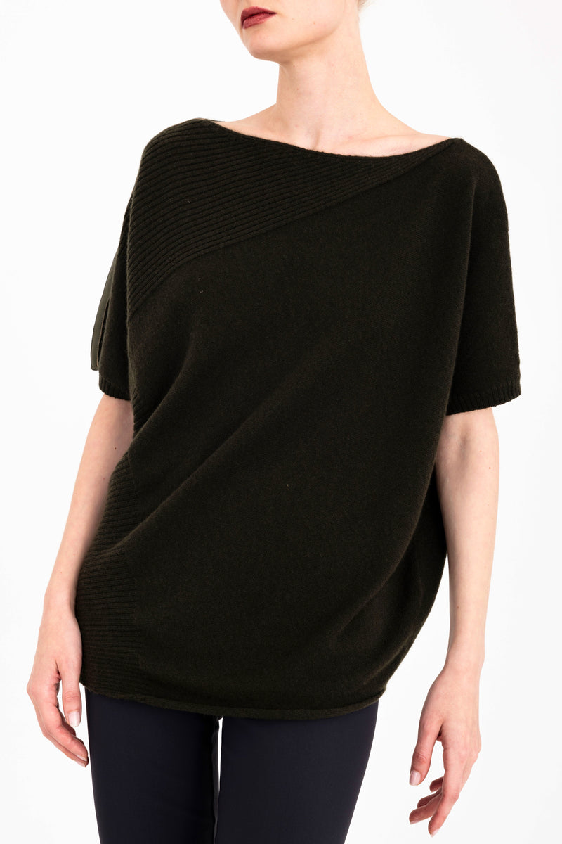 Cashmere Blend Asymmetrical Shell Top with Leather Trim - CARRARA Sweater YUE FENG Kelp Sweater P