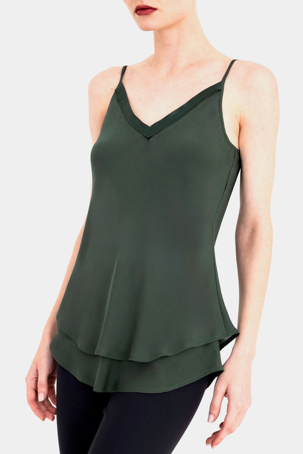 Silk Georgette Double Layer Bias Camisole with Leather trim - CELESTE Top General Orient Kelp Silk P