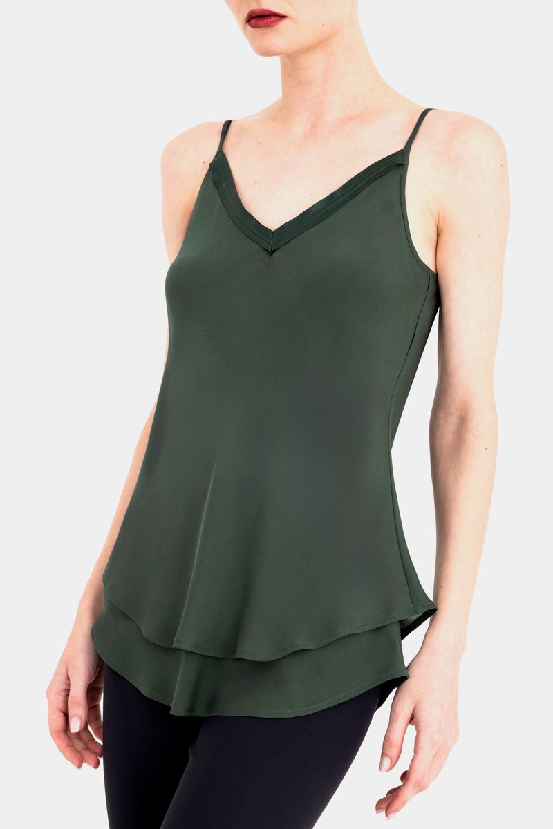 Silk Georgette Double Layer Bias Camisole with Leather trim - CELESTE Top General Orient Kelp Silk P